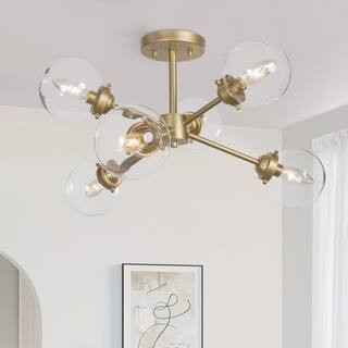 LNC 6-Light Modern Farmhouse Gold Sputnik Semi-Flush Mount with Clear Globe Glass Shades IBEFFIHD... | The Home Depot