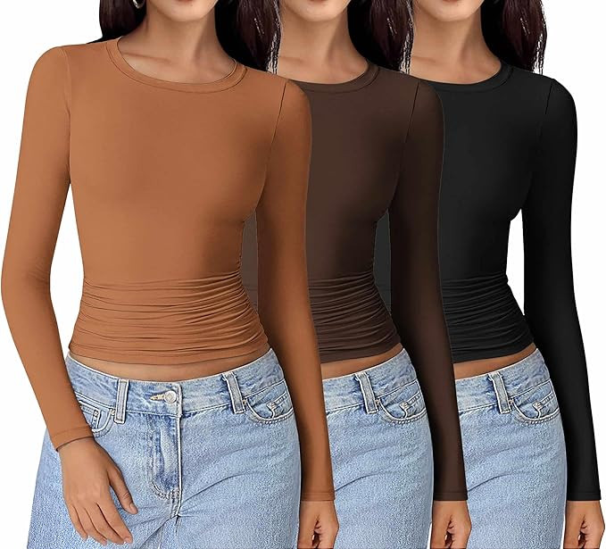 Ekouaer Womens 3 Pack Long Sleeve Shirts Ruched Side Fitted Undershirts Round Neck Underscrubs Th... | Amazon (US)