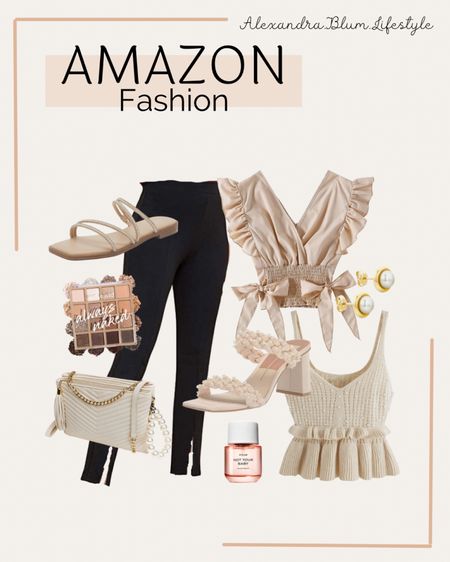 Amazon fashion outfit ideas! Amazon finds! Tank tops, blouses, split front black pants, pearl sandals, and heels!! Pearl earrings, eye shadow, ivory purse, and perfume!! 

#LTKshoecrush #LTKitbag #LTKworkwear