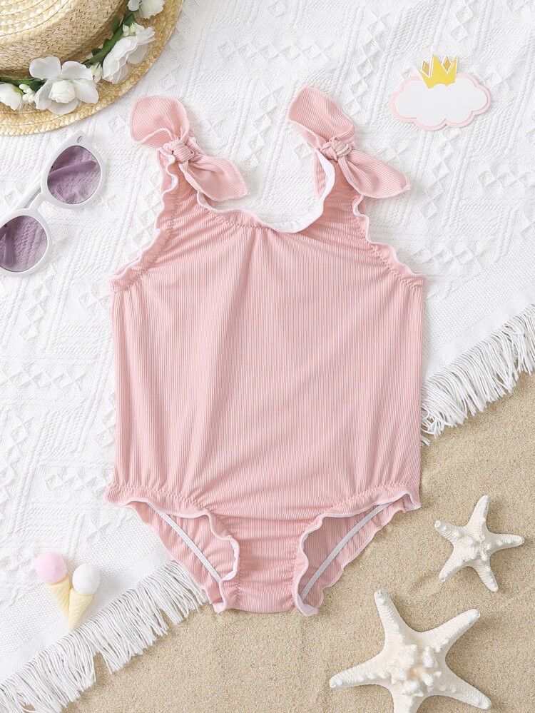 Baby Girl Rib Lettuce Trim One Piece Swimsuit | SHEIN