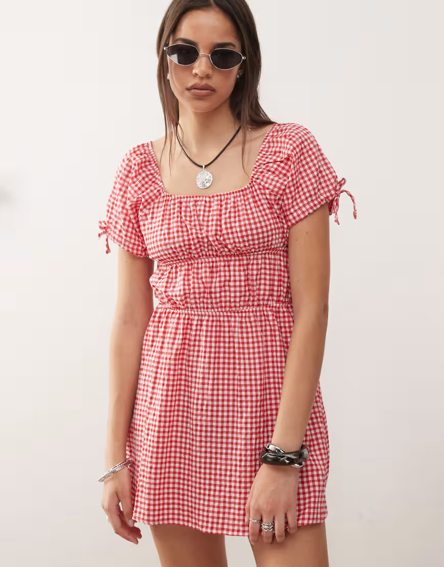 Noisy May tiered mini dress in red gingham | ASOS (Global)