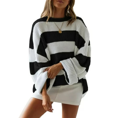 Women Striped Knitted Sweater Crew Neck Long Sleeve Casual Comfy Pullover Tops Black Small | Walmart (US)