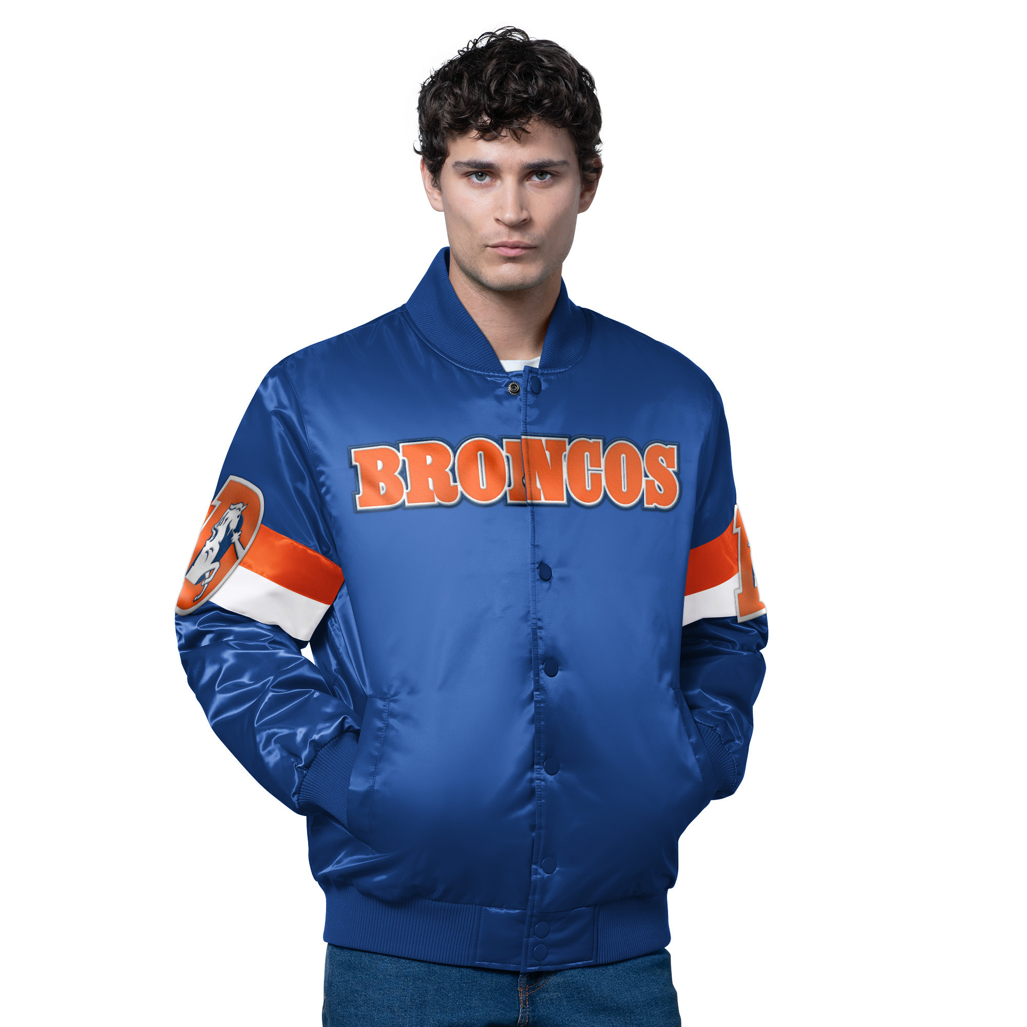 Men's Starter Royal Denver Broncos Triple Option Satin Varsity Vintage Logo Full-Snap Jacket | Fanatics