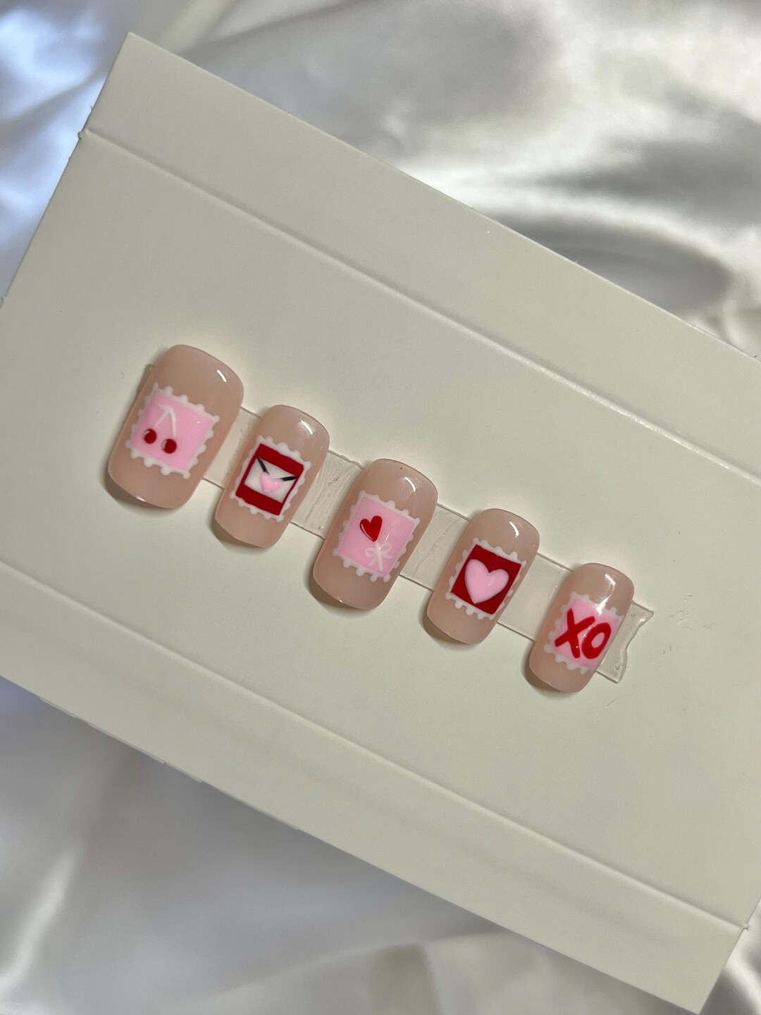 Luxury Hand Painted Press on Nails Postage Stamp Valentines Day - Etsy | Etsy (US)