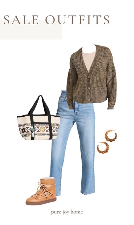 Sweater - jeans - tote bag - fuzzy boots - earrings 