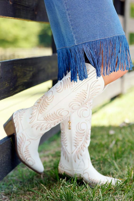 Contrast Stitch Tall White Western Boots | Cato Fashions