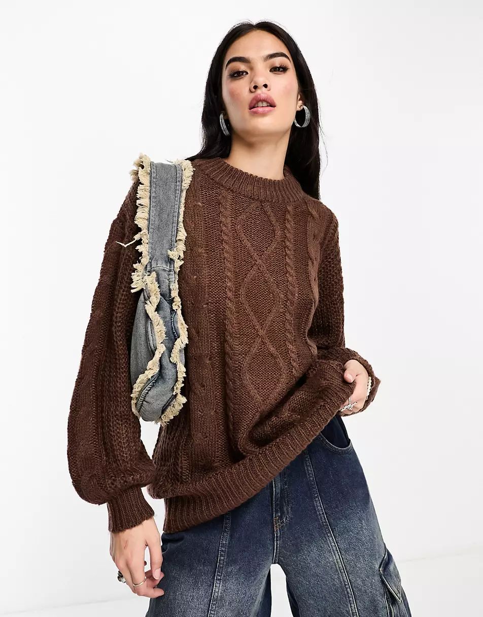 Brave Soul tokyo oversized cable knit jumper in dark brown | ASOS (Global)