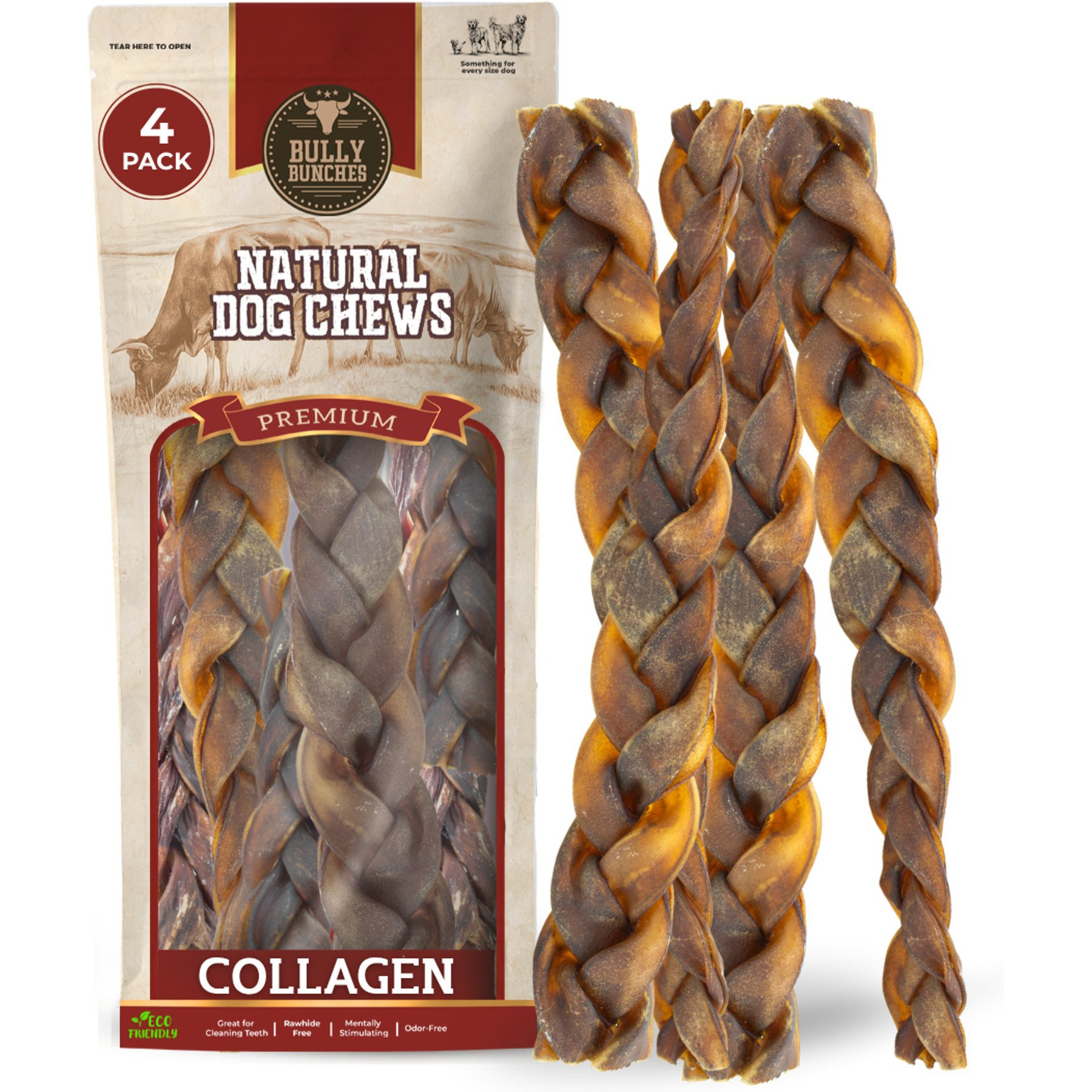 Bully Bunches 12-inch Braided Collagen Stick Natural Dog Chew, 4 count | Chewy