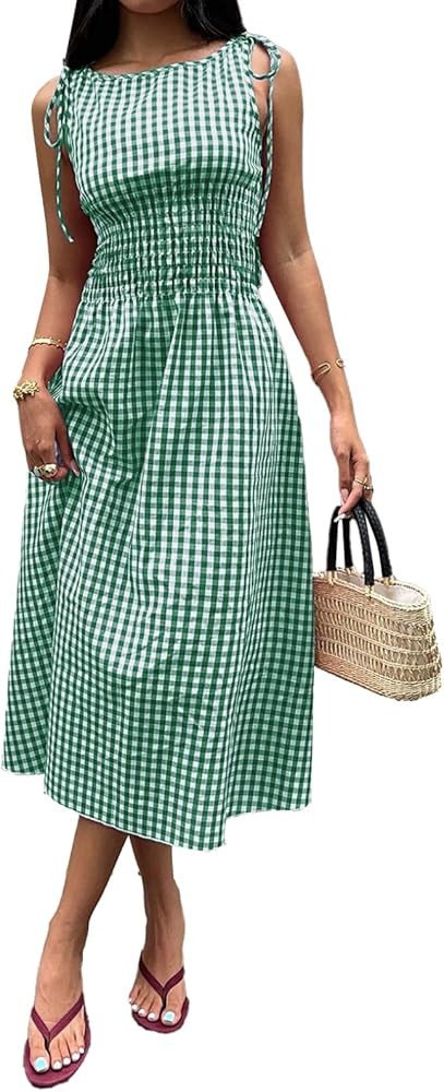Acelitt Summer Maxi Dresses for Women 2026 Smocked Waist Gingham Dress Flowy A Line Beach Long Su... | Amazon (US)