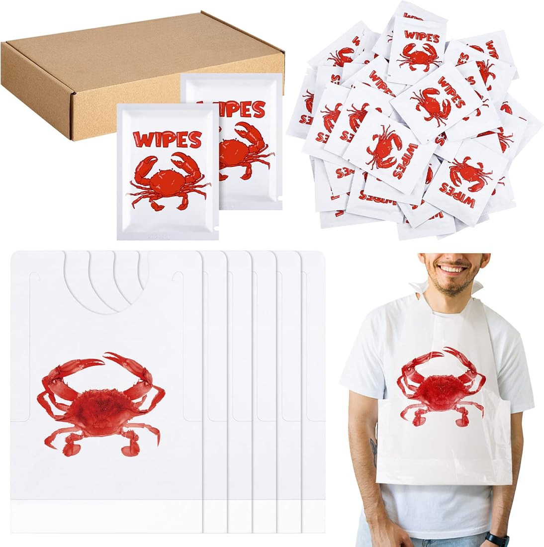 100 Pcs Crab Bib Lobster Bib Wet Wipe Bundle 50 Pcs Disposable Adult Bibs 50 Pcs Moist Towelettes... | Amazon (US)