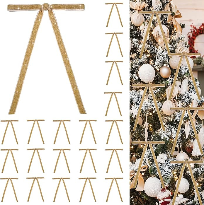 24 PCS Velvet Bows Christmas Ornaments Decorations, Sparkly Glittery Gold Khaki Velvet Christmas ... | Amazon (US)