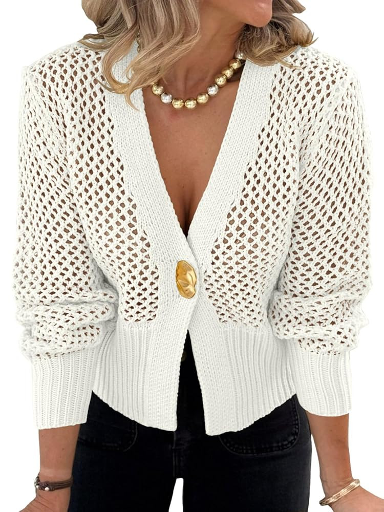 Cicy Bell Womens Cropped Crochet Cardigans Hollow Out Button Down Lantern Sleeve Knit Sweaters Ca... | Amazon (US)