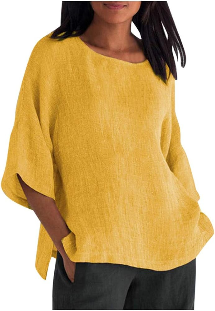 Ceboyel Women's Cotton Linen Tunic Shirts Dandelion Print Summer Tops 3/4 Sleeve Blouse Tshirts B... | Amazon (US)