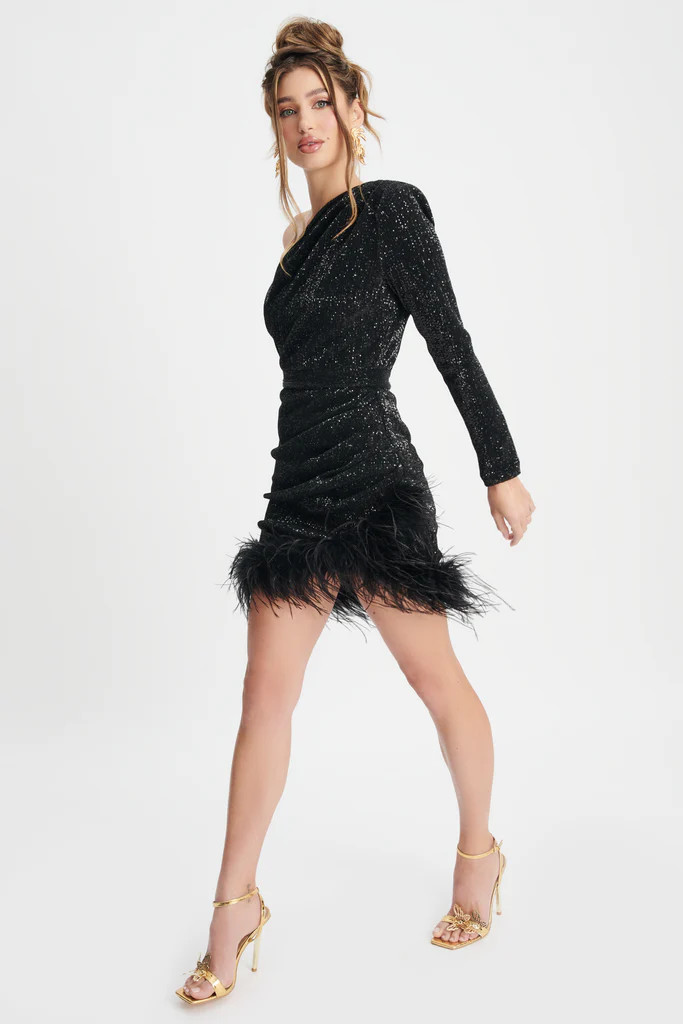 OLIVIA Pleated Sequin Mini Dress With Feather Hem In Black | Lavish Alice