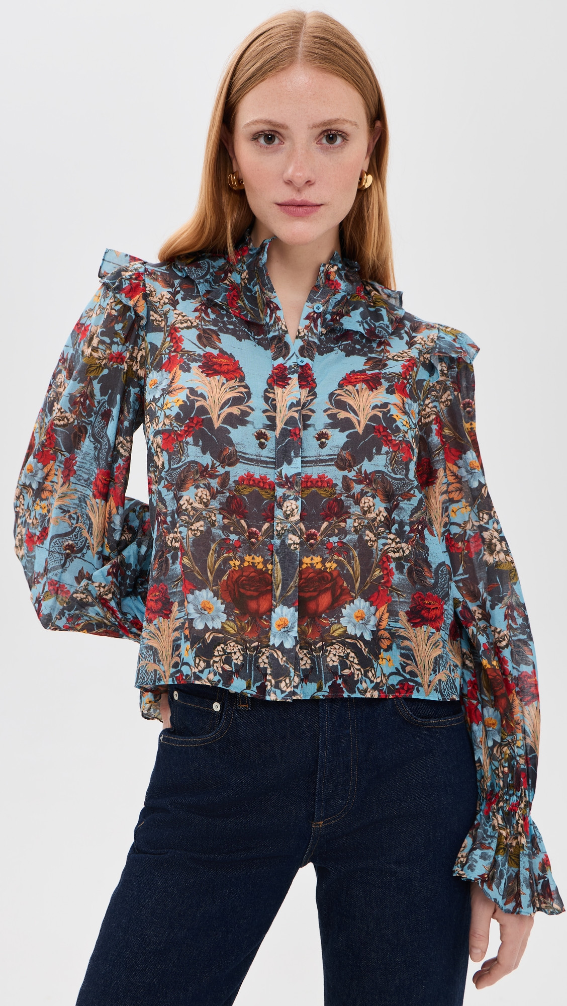 ALICE + OLIVIA Bernice Victorian Ruffle Blouse Heartstrings Mineral Blue XL | Shopbop