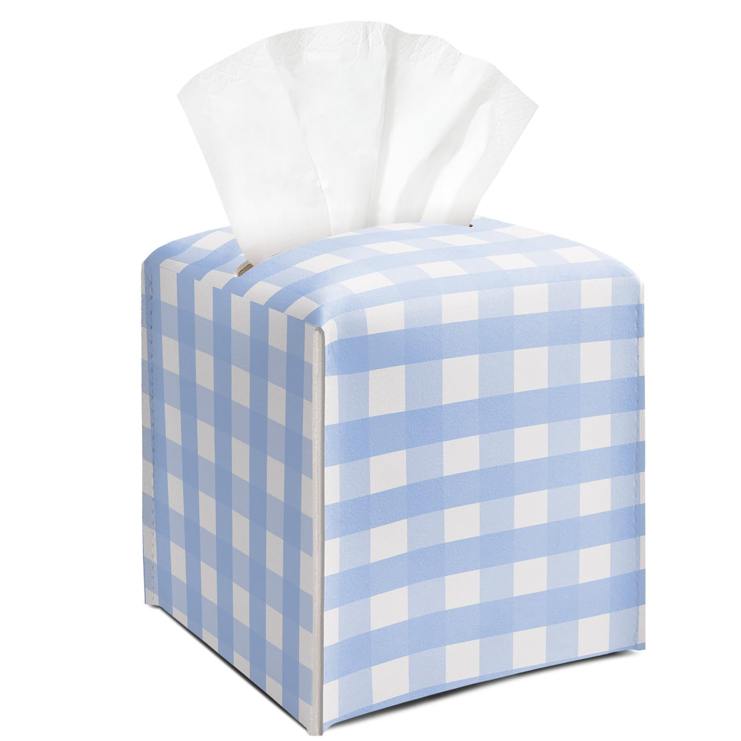 Blue and White Gingham Tissue Box Cover Square, Leather Tissue Holder with Bottom Belt, for Night... | Amazon (US)