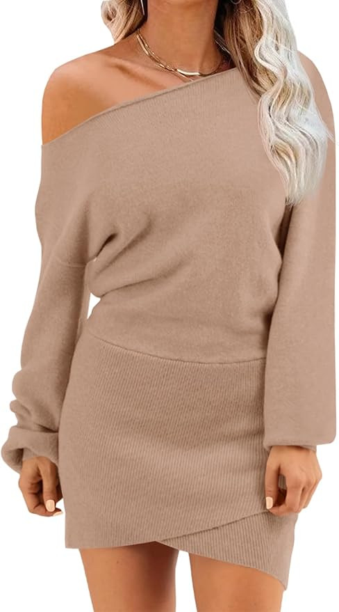 Wenrine Women's Off The Shoulder Sweater Dress 2025 Fall Winter Casual Long Sleeve Knit Slim Fit ... | Amazon (US)