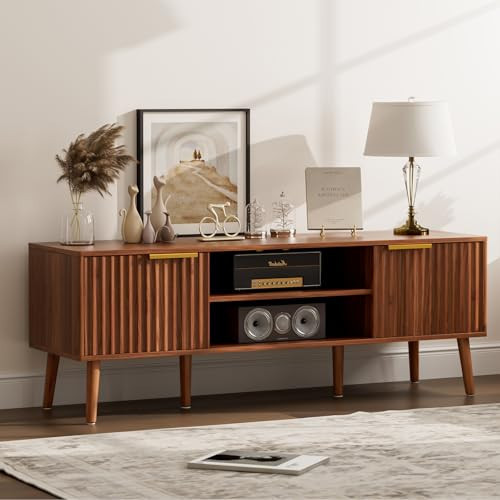 LCRBOL TV Stand for Living Room, Mid Century Modern Entertainment Center for 55/60 inch TVs, TV Console with Fluted Door Cabinets and Open Shelves, for Bedroom, Walnut | Amazon (US)