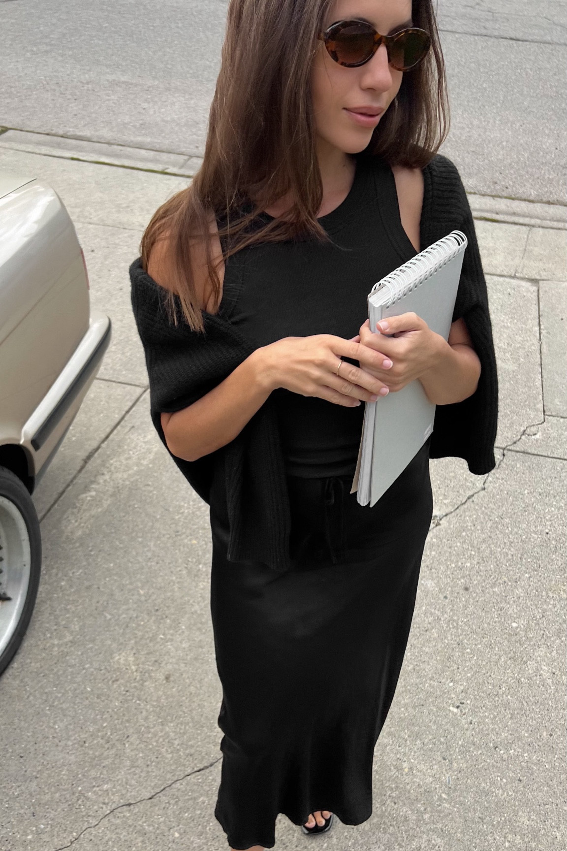 An easy, transitional and monochromatic look for when summer isn’t quite here yet. Love playing with texture when wearing all black.
