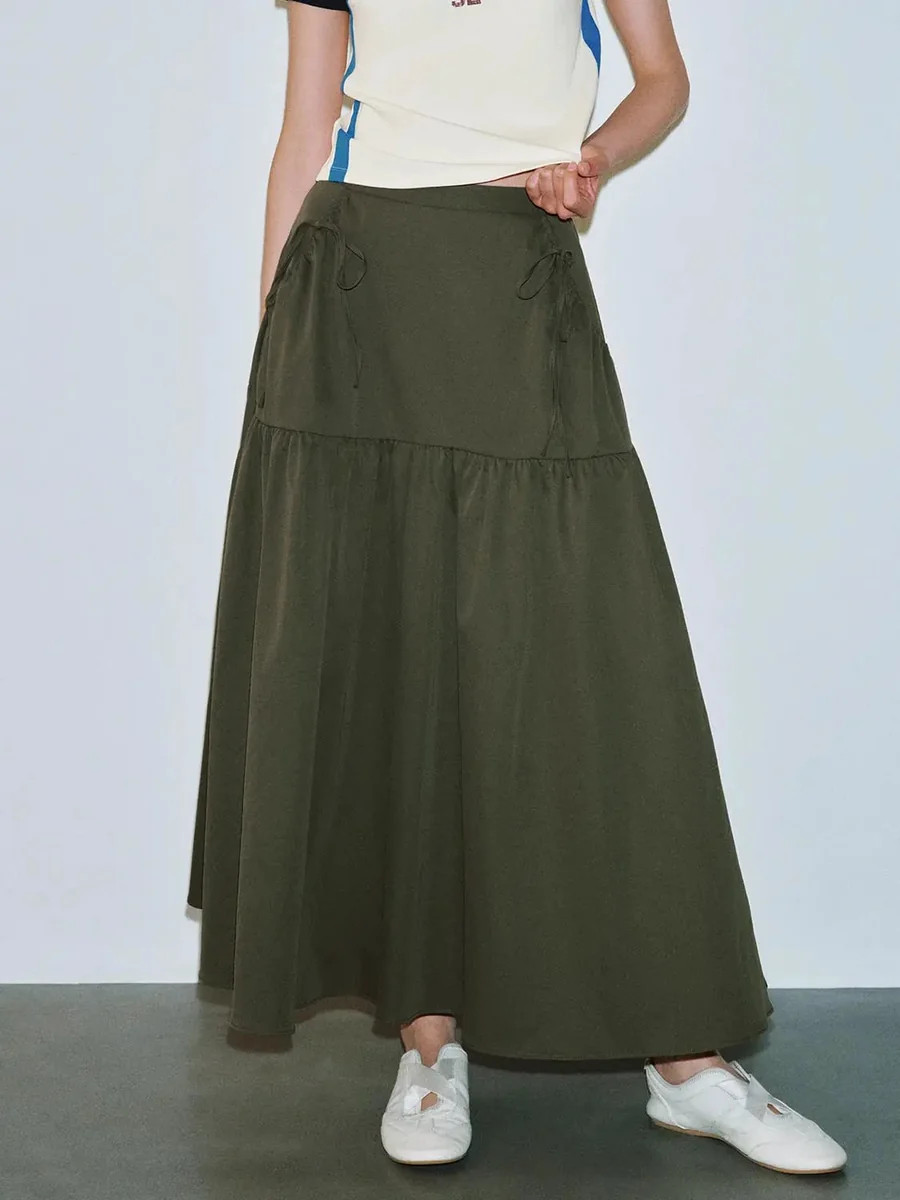 Bow Detail Shirring A-Line Midi Skirts | Urban Revivo