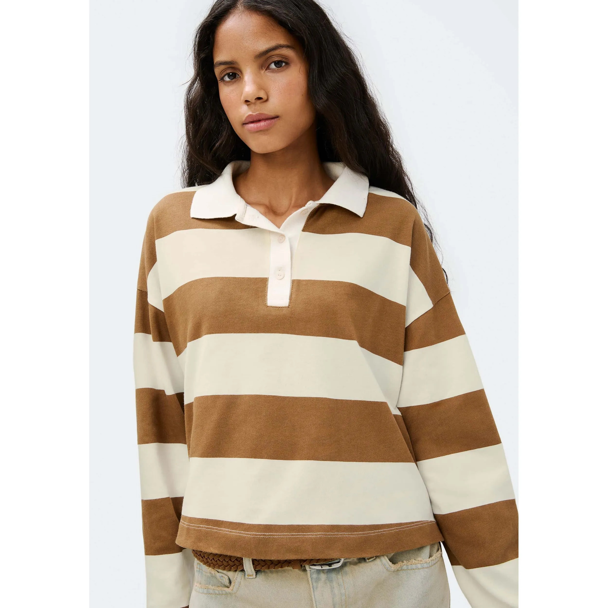 Blusa Polo Feminina Manga Longa Box Listrada - Marrom | Hering (BR)