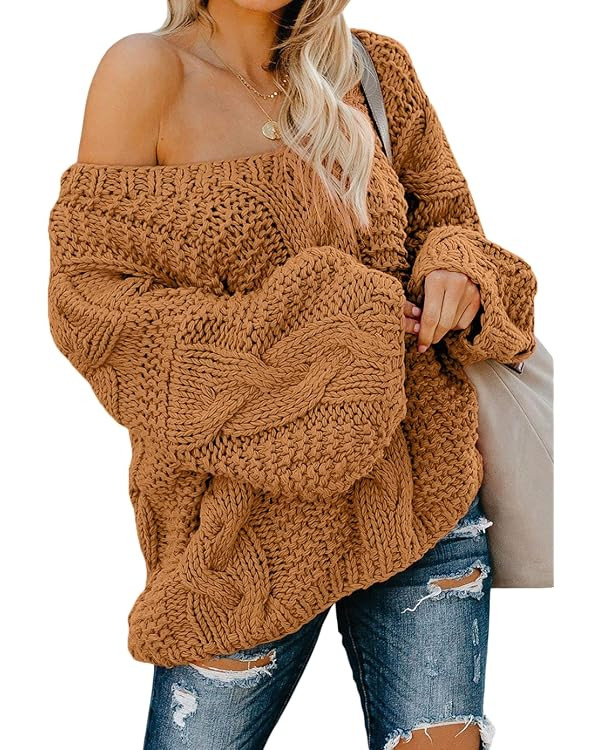 EVALESS Women's Off Shoulder Oversized V Neck Ribbed Cable Knit Long Sleeve Chunky Sweaters Pullo... | Amazon (US)