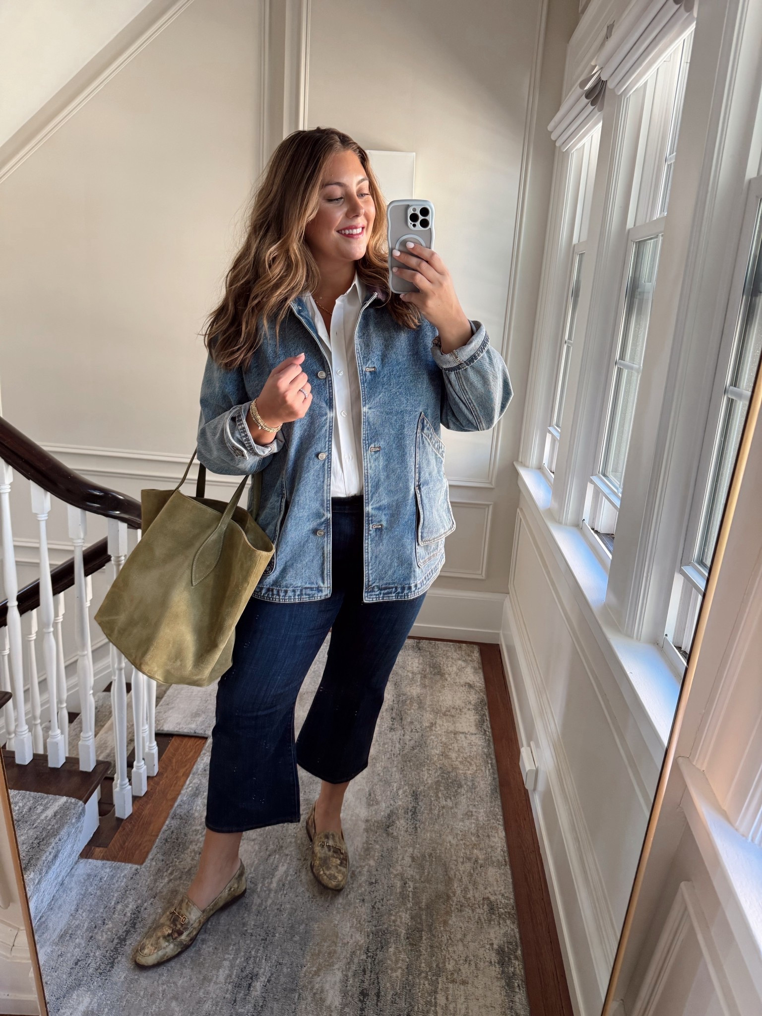 Lunch outfit inspo - fall outfit inspo- styling a barn jacket. Wearing size XXL in denim barn jacket (sharing similar styles), XL in button down, 18 in jeans. Use CARALYN15 on your first order at Spanx. 

#LTKStyleTip #LTKSeasonal #LTKPlusSize