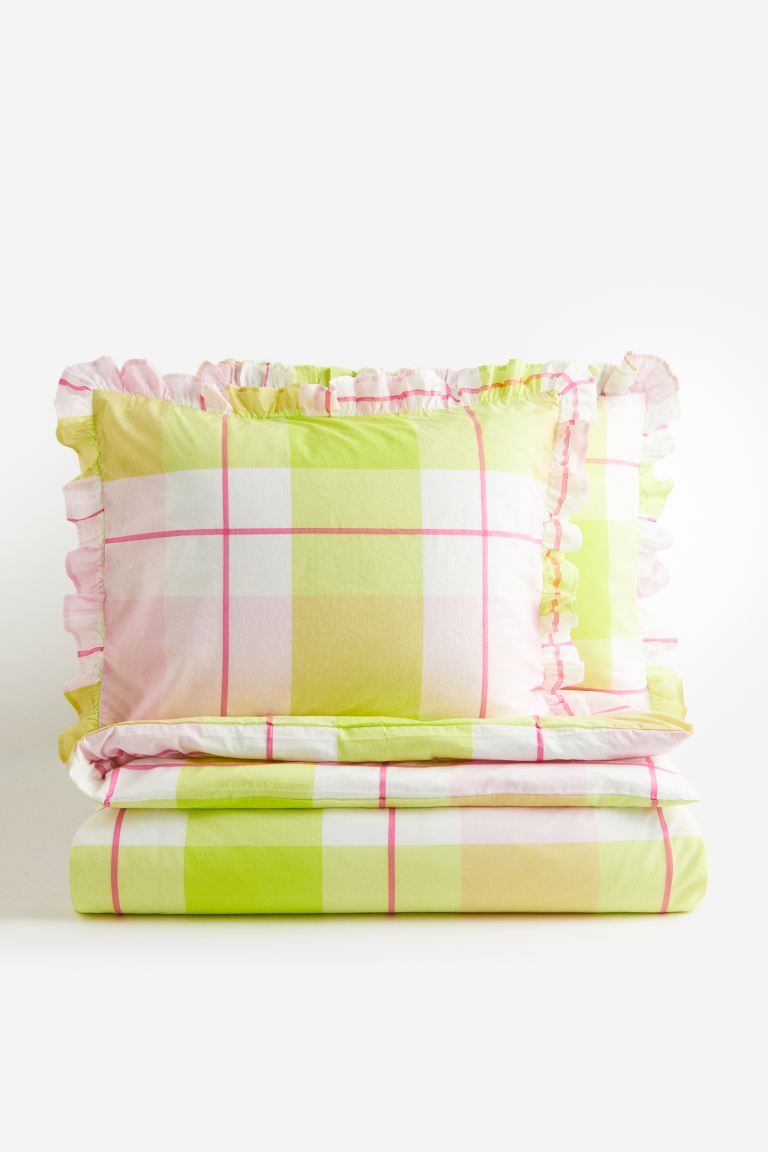 Washed Cotton King/Queen Duvet Cover Set - Lime green/checked - Home All | H&M US | H&M (US + CA)