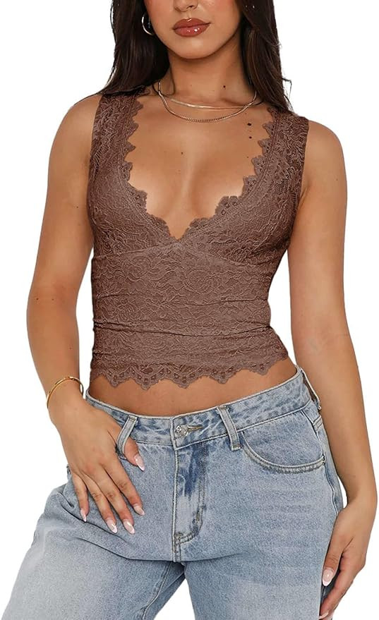 REORIA Womens Sexy V-Neck Sleeveless Double Lined Going Out Y2K Trendy Lace Cropped Tank Tops | Amazon (US)