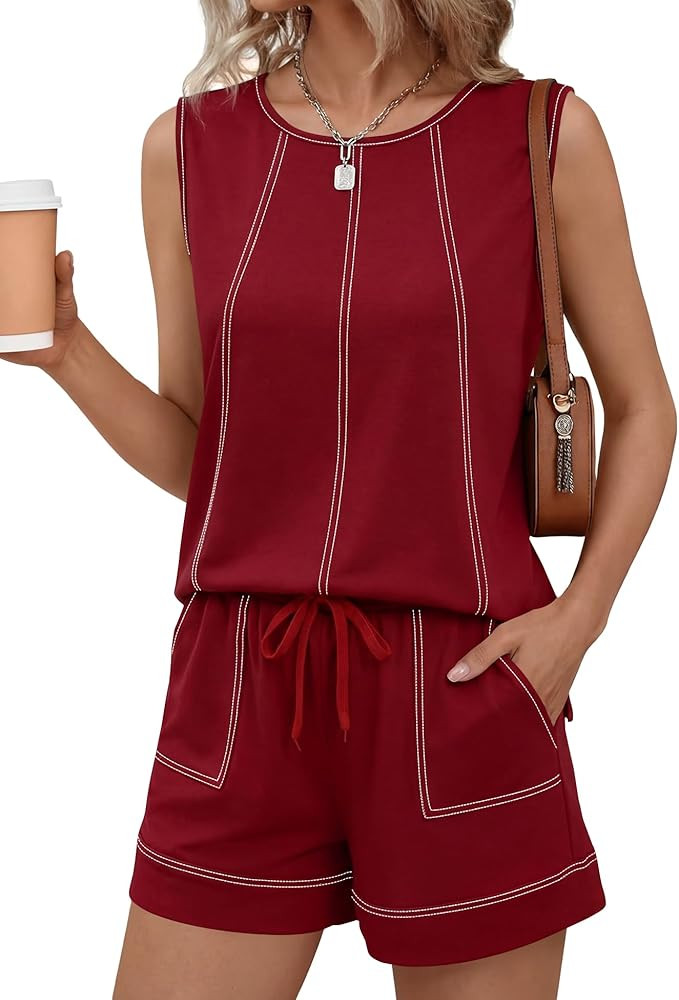 LOMON Womens Two Piece Short Sets Summer Round Neck Sleeveless Tank Tops Drawstring Elastic Waist... | Amazon (US)