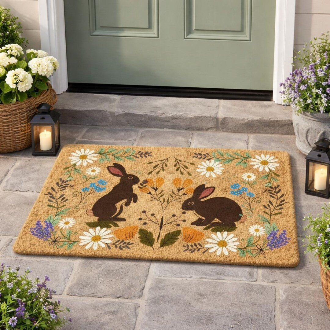 Easter Bunny Doormat Floral Spring Welcome Mat Rustic Rabbit Door Mat Farmhouse Entryway Decor | Etsy (US)