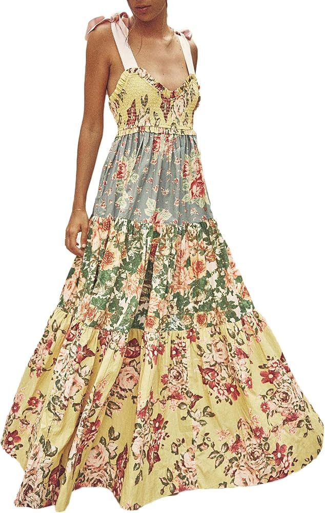 Beaufident Women Summer Floral Maxi Dress Sleeveless Tie Shoulder Bohemian Flowy Smocked Dresses ... | Amazon (CA)