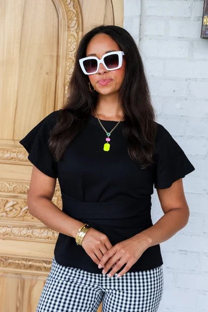 Aubrey Black Tie Waist Short Sleeve Top | The Willow Tree