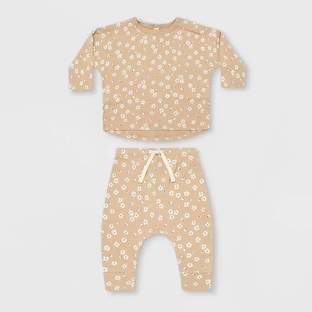 Q by Quincy Mae Baby Girls' 2pc Floral Brushed Jersey Top & Bottom Set - Ivory/Blush | Target