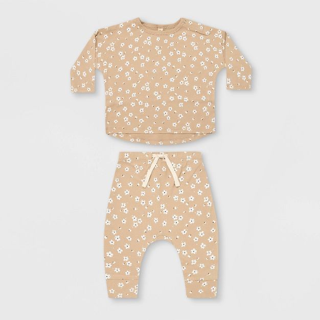 Q by Quincy Mae Baby Girls' 2pc Floral Brushed Jersey Top & Bottom Set - Ivory/Blush | Target