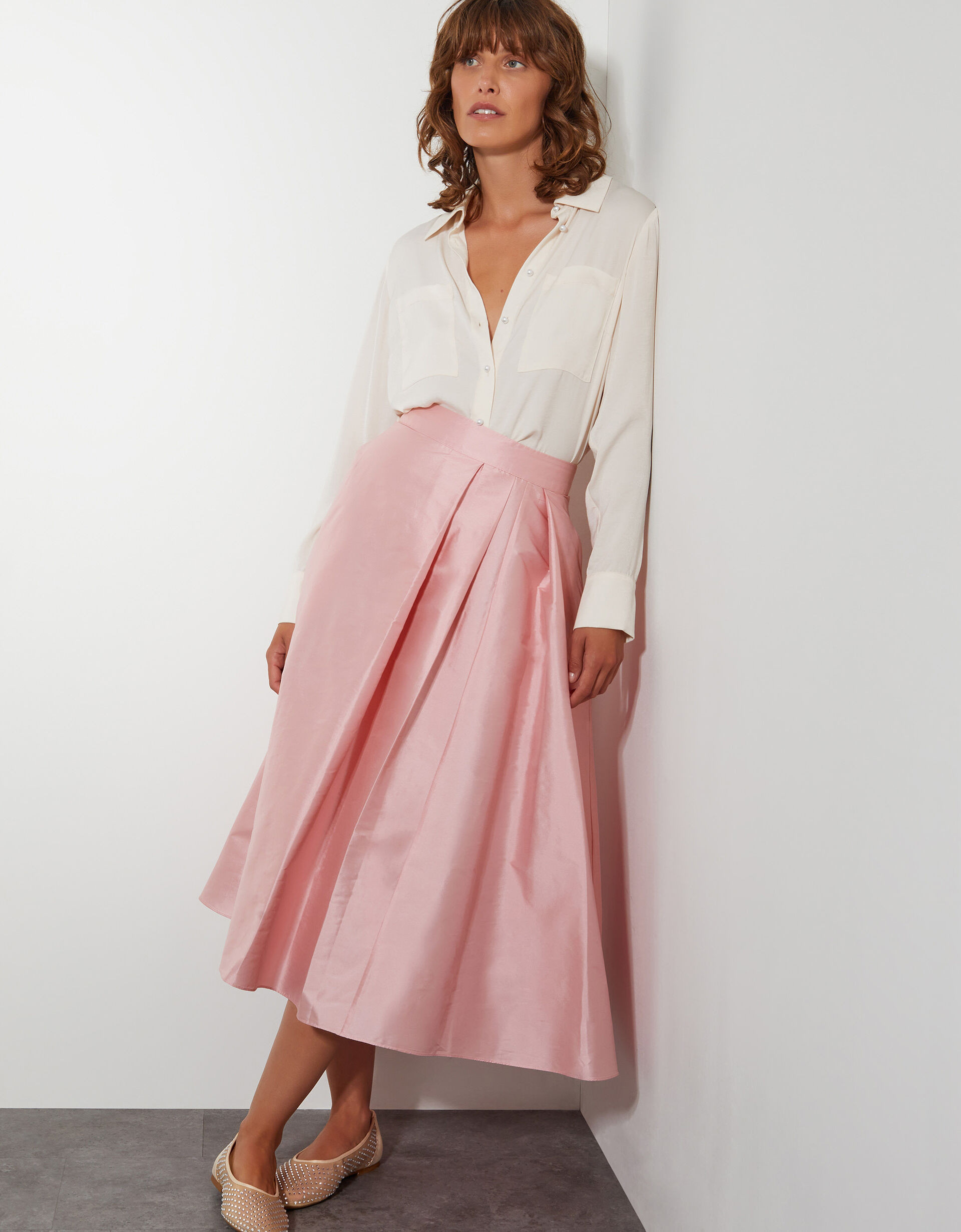 Tanya Taffeta Pleated Midi Skirt Pink | Monsoon (UK)