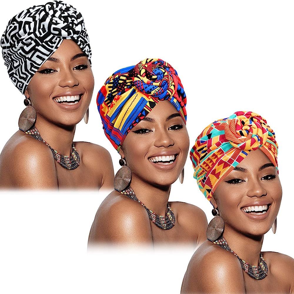 SATINIOR 3 Pieces African Turban for Women Knot Pre-Tied Bonnet Beanie Cap Headwrap | Amazon (US)