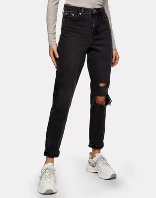 Topshop mom jeans with rips in washed black | ASOS (Global)