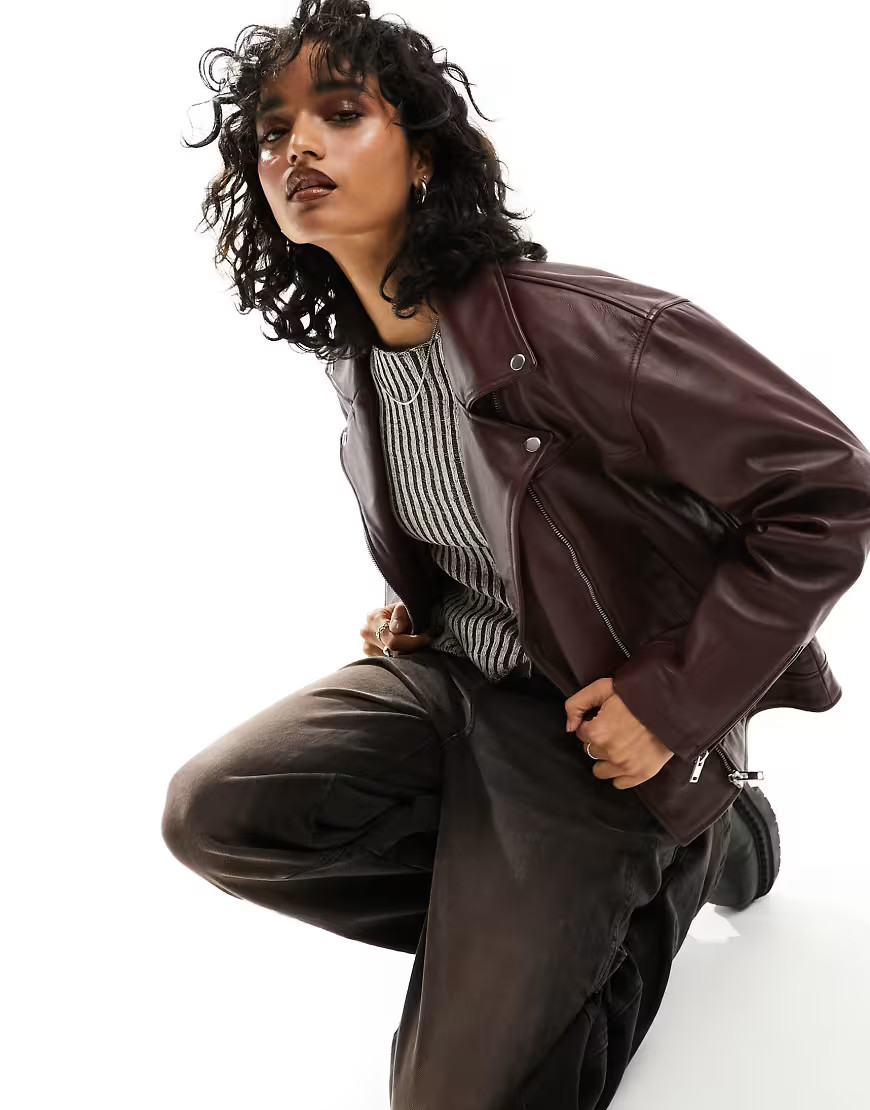 Bolongaro Trevor - Veste en cuir oversize style motard - Bordeaux-Rouge | ASOS (Global)