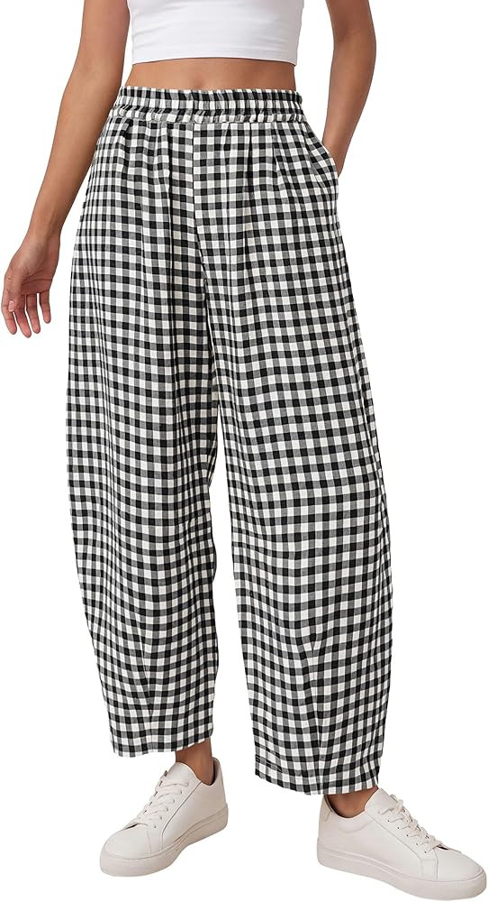 PRETTYGARDEN Pantalones de barril a cuadros para mujer, verano 2026, casuales, sueltos, de pierna... | Amazon (US)