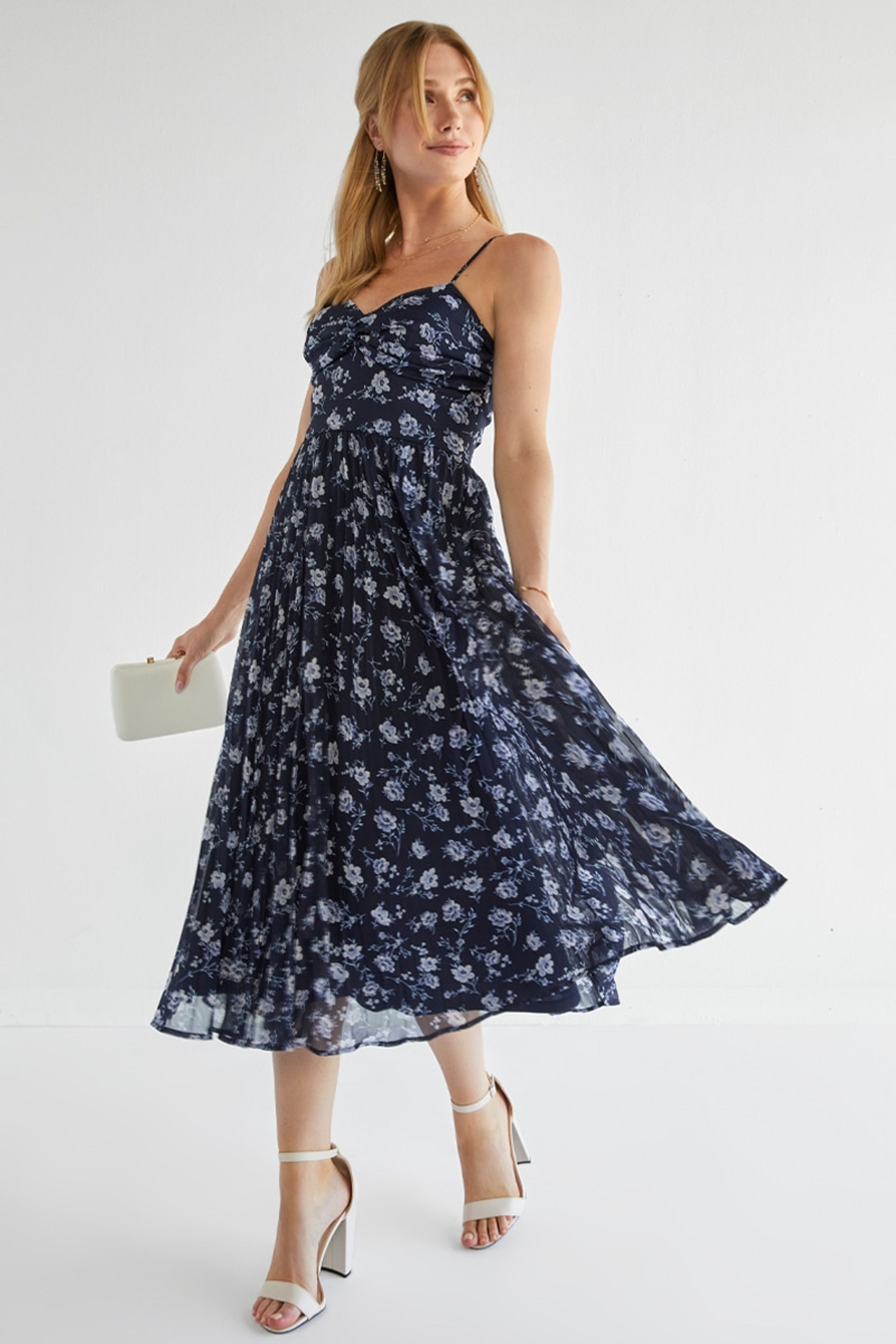 Lyla Navy Floral Pleated Midi Dress | Francesca's