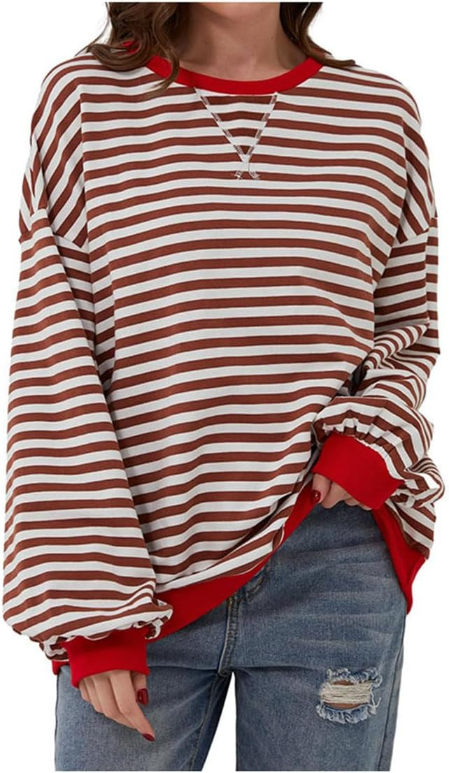 Women Oversized Striped Sweatshirt Long Sleeve Crew Neck Shirt Casual Loose Pullover Top Fall Clo... | Amazon (US)