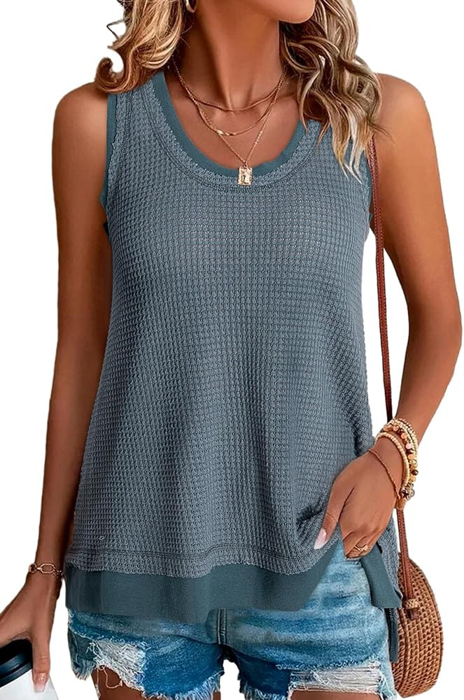 BLENCOT Women's Tops Waffle Knit Summer Tank Tops Casual Scoop Neck Sleeveless Loose Tunic Shirts | Amazon (US)