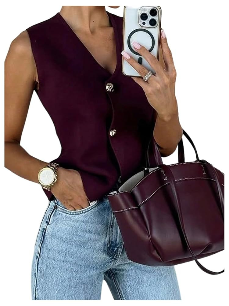 GORGLITTER Women's Button Up Sweater Vest V Neck Sleeveless Knit Tank Top Casual Cardigan | Amazon (US)