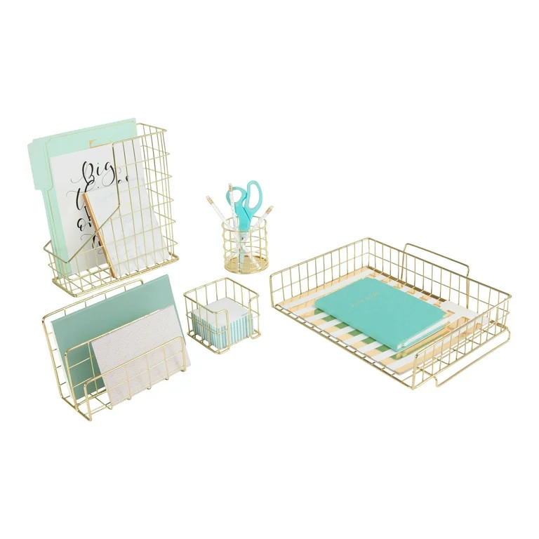 Blu Monaco 5 Piece Wire Gold Desk Organizer Accessories Set | Walmart (US)
