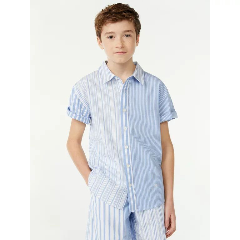 Free Assembly Boys Short Sleeve Blanket Stripe Button Down Shirt, Sizes 4-18 | Walmart (US)