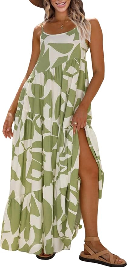 ECOWISH Women Sleeveless Maxi Dress: Summer Spaghetti Strap Casual Loose Boho Beach Dress Asymmet... | Amazon (US)