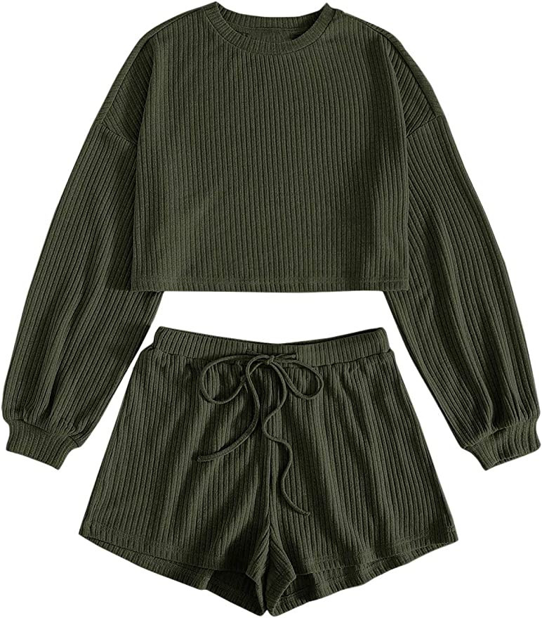 Verdusa Women's Rib Knit Long Sleeve Lounge Set 2 Piece PJ Set Nightwear Pajama Set | Amazon (US)