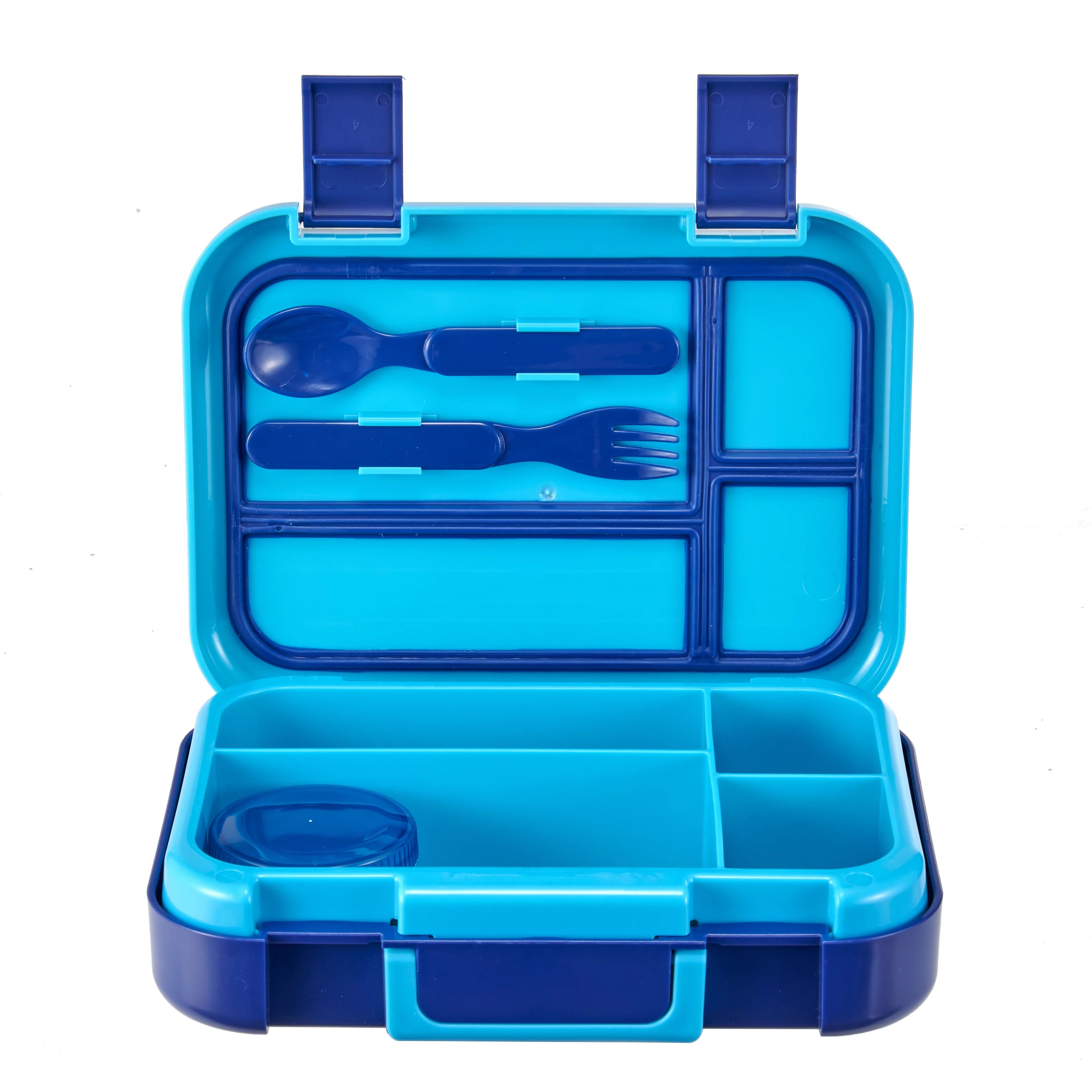 Your Zone Plastic Bento Box with 4 Compartments, 1 Fork, 1 Spoon, 1 Dressing Container, Blue - Wa... | Walmart (US)