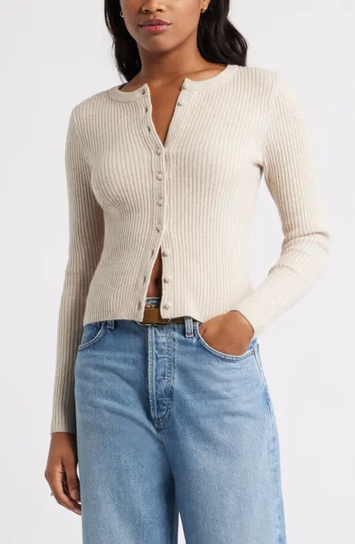 Open Edit Ribbed Crewneck Cardigan in Beige Oatmeal Heather at Nordstrom, Size Small | Nordstrom